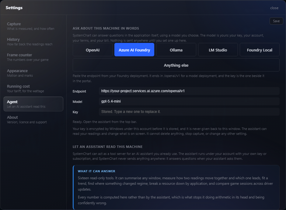 The Agent page in Settings, offering OpenAI, Azure AI Foundry, Ollama, LM Studio, Foundry Local and anything else, with endpoint, model and key fields.