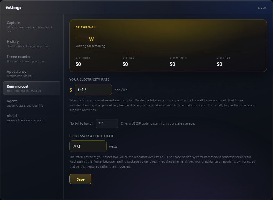 The Running cost page in Settings, with a field for the electricity rate and a field for the processor's rated power.
