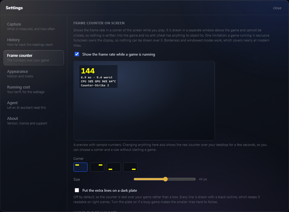 The frame counter page in Settings, showing a live preview of the counter, corner selection and size.