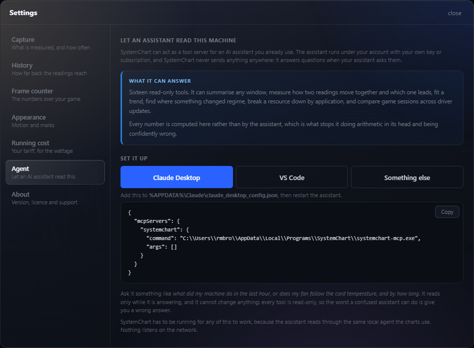 The tool server part of the Agent settings page, showing a ready made Claude Desktop configuration block with a copy button.